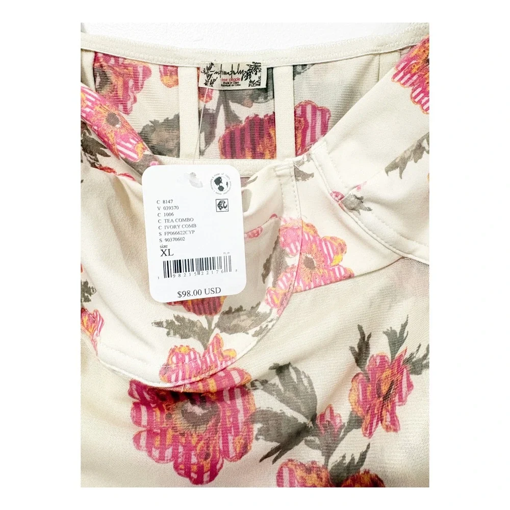 Free People Intimately Floral Mesh Midi Dress Ivory Pink XL New